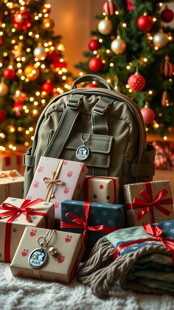 A collection of Christmas gifts for an army boyfriend, featuring tactical gear and personalized items, with festive decorations.